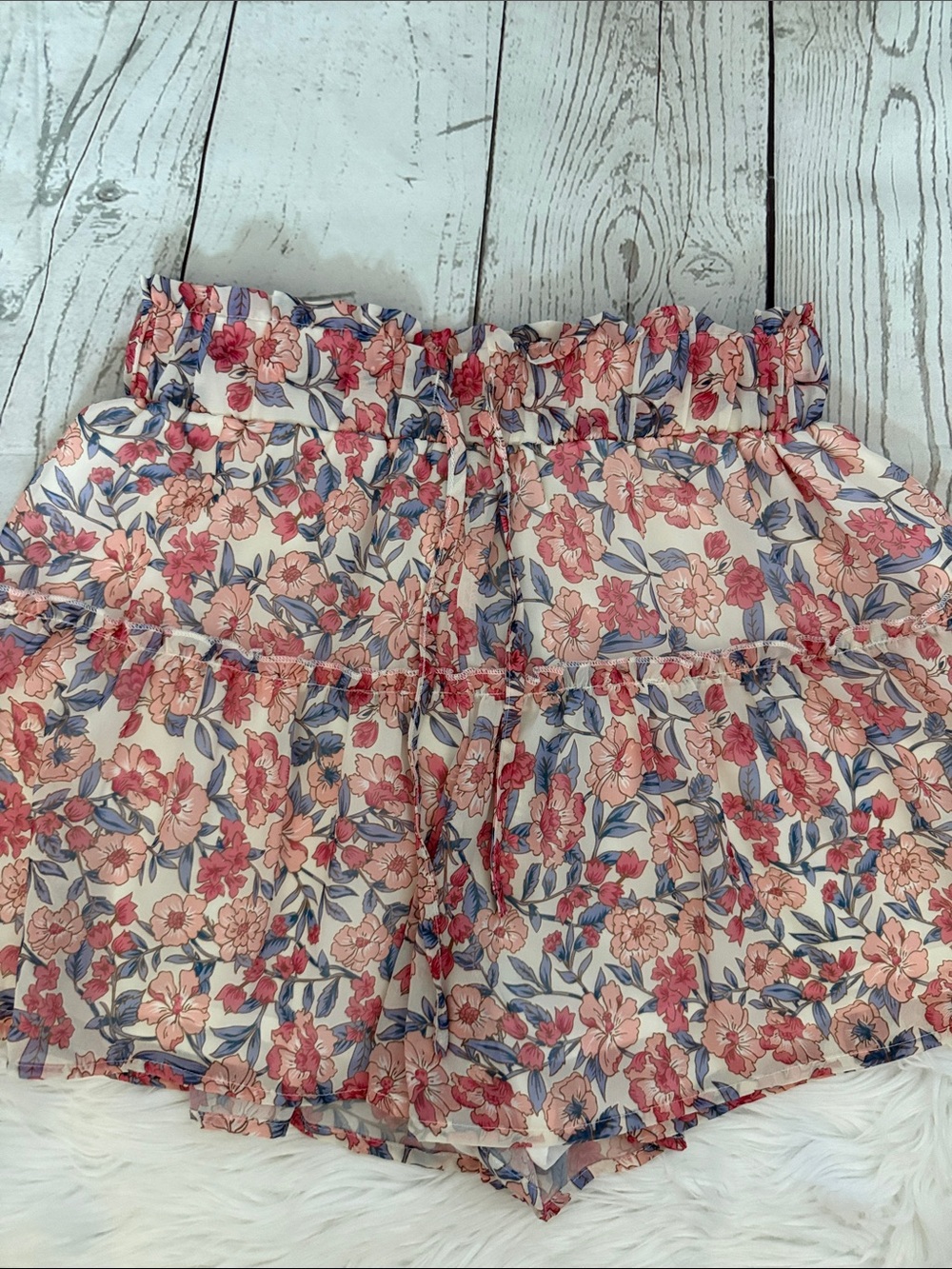 Kendall & Kylie Cream Floral Tiered Shorts with Pink and Blue Blooms